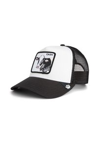 White and black mesh trucker cap with a curved brim, featuring an embroidered cow graphic and the word "CASH" in a rectangular patch.