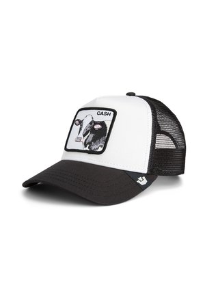 White and black mesh trucker cap with a curved brim, featuring an embroidered cow graphic and the word "CASH" in a rectangular patch.