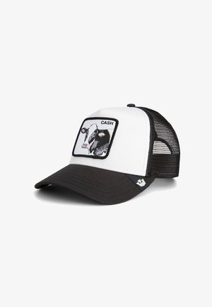 White and black mesh trucker cap with a curved brim, featuring an embroidered cow graphic and the word "CASH" in a rectangular patch.