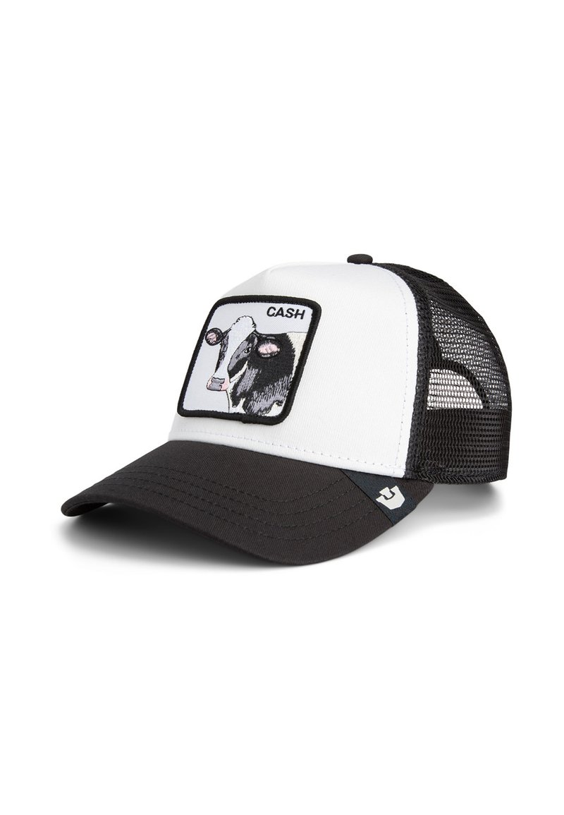 White and black mesh trucker cap with a curved brim, featuring an embroidered cow graphic and the word "CASH" in a rectangular patch.