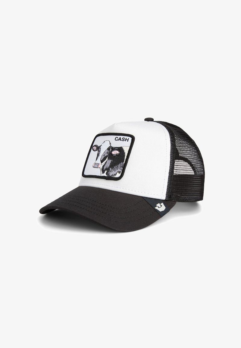White and black mesh trucker cap with a curved brim, featuring an embroidered cow graphic and the word "CASH" in a rectangular patch.