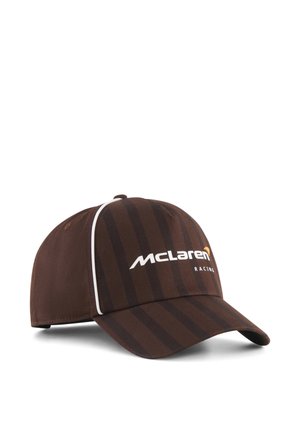 Brązowa i czarna pasiasta czapka baseballowa z białym wykończeniem i białym logo McLaren Racing na przednim panelu