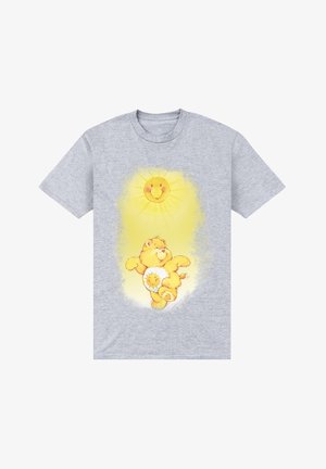 Szara bawełniana koszulka z kolorową ilustracją uśmiechniętego słońca i wesołego żółtego misia na przodzie, o miękkiej fakturze.