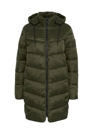 Puffer jacket in olive green, featuring a zip closure, a hood, and sewn channels for insulation. Material is shiny and smooth with drawstrings.