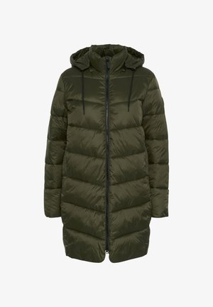 Olivgrønn pufferjakke med hette, glidelås foran og svarte snorer. Har et quiltet design med horisontal polstring og sidelommer.