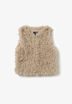 Beige ärmellose Weste aus strukturiertem, lockigem Stoff mit weichem, flauschigem Aussehen. Mit rundem Ausschnitt und Reißverschluss.