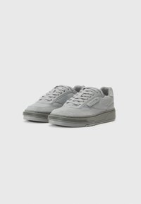 Ljust grå sneakers med en slät yta, med rund tå, vadderad krage och en randig gummisula. Snörning.