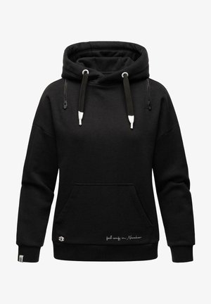 Czarna bluza z kapturem, z przednią kieszenią, sznurkami ściągającymi oraz haftowanym tekstem na dolnym brzegu. Wykonana z miękkiego materiału o luźnym kroju.