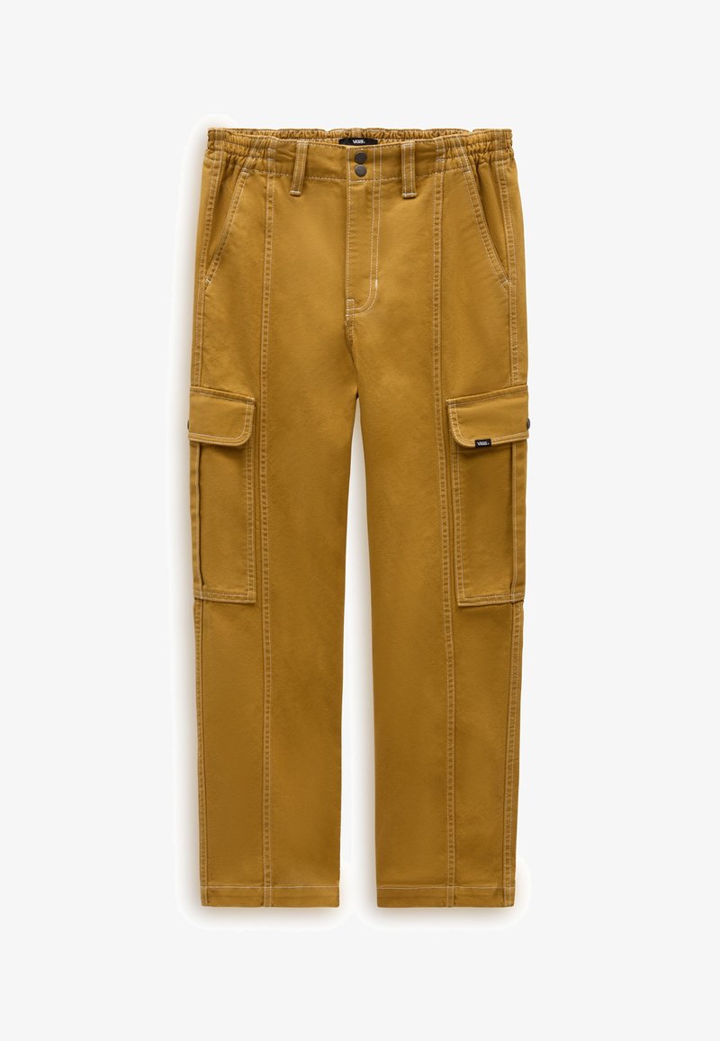 Khaki cargo pants with an elastic waistband, two side cargo pockets, contrasting white stitching, and a straight leg design.