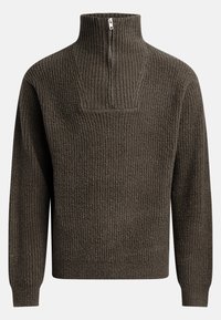 Ciemnobrązowy sweter o fakturze dzianiny z wysokim kołnierzem i krótkim zamkiem z przodu, długimi rękawami oraz ściągaczami przy mankietach i u dołu.