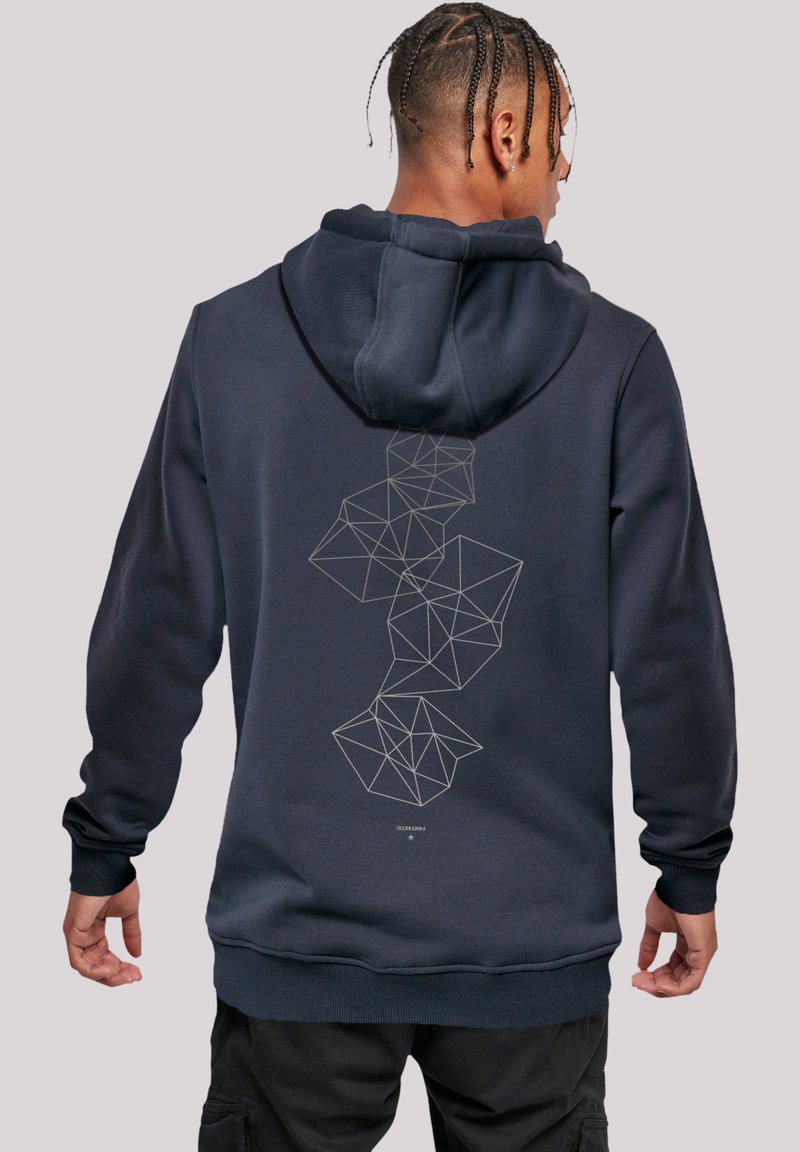 Navy blue hoodie with a geometric white line pattern on the back, featuring a relaxed fit, drawstring hood, and ribbed cuffs.