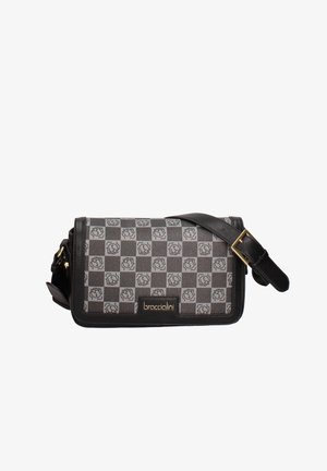 Borsa a tracolla con un motivo a scacchi nero e grigio, decorata con disegni di rose. Realizzata in materiale testurizzato, con logo e dettagli in tonalità oro.
