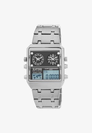 Silberner Edelstahlarmbanduhr mit rechteckigem Digitaldisplay, schwarzem Zifferblatt, doppelten analogen Ziffernblättern und mehreren Funktionsknöpfen.