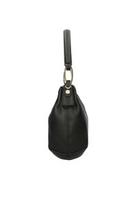 Zwarte leren handtas met een gestructureerd oppervlak, afgeronde vorm, korte handgreep en gouden hardware detail aan de bovenkant.