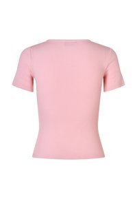 Rosa kurzärmliges Rippoberteil, figurbetontes Design, runder Ausschnitt, glatte Textur, sauberer Saum, keine sichtbaren Logos oder Verzierungen.