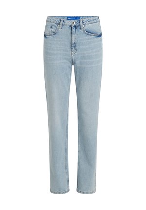 Hellblaue Jeans aus Denim mit geradem Bein, fünf Taschen und sichtbaren Nähten. Der Stoff hat ein leicht ausgewaschenes Aussehen.