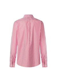 Langärmliges Hemd mit roten und weißen Streifen, mit Button-down-Kragen, Rückenschlitz und geknöpften Manschetten. Glattes Material.