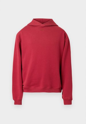 Červená bavlnená mikina s voľným strihom, s klokanie kapsou, rebrovanými manžetami a minimalistickým logom 'BOSS' na hrudi. Jednoduchý dizajn.