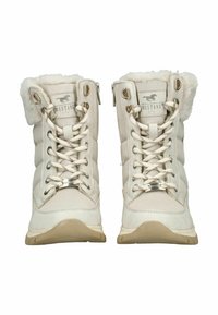 Witte winterlaarzen met nep bontafwerking, vetersluiting en metalen accenten. Gemaakt van synthetische materialen met een gestructureerde afwerking en rubberen zool.