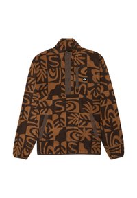 Bruine fleece pullover met een patroonontwerp van donkere bruine en tan vormen. Hij heeft een hoge kraag, knopsluiting en een voorzak.