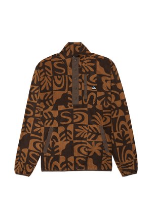 Brown fleece pullover with a patterned design featuring dark brown and tan shapes. It has a high collar, button closure, and front pocket.