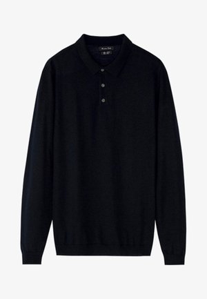 Schwarzes Langarm-Polohemd aus weichem Stoff, mit einer Dreiknopf-Leiste und gerippten Bündchen. Einfaches, klassisches Design ohne Muster.