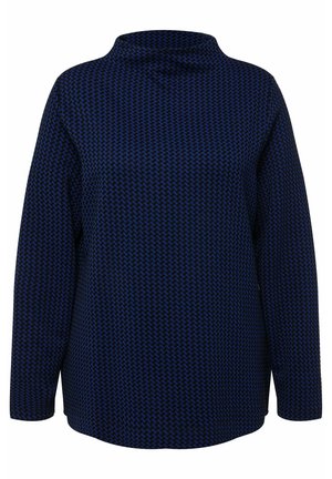 Granatowa bluzka z długim rękawem i wysokim kołnierzem, z teksturowanym wzorem w zębatkę. Luźny krój z okrągłym dół. Miękka tkanina.
