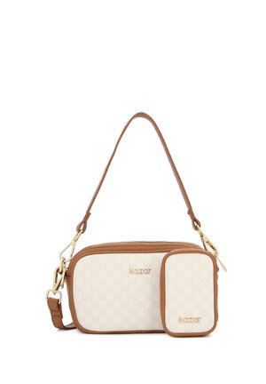 Brun og cremefarvet håndtaske med lynlåslukning, med et gentaget logomønster og en aftagelig lille pung. Fremhævet med gulddetaljer.