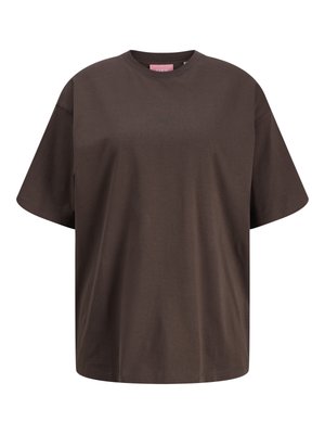 Ciemnobrązowy, oversize bawełniany t-shirt z krótkim rękawem, okrągłym dekoltem i subtelnym logo z przodu.