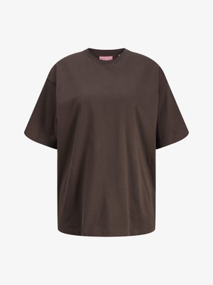 Ciemnobrązowy, oversize bawełniany t-shirt z krótkim rękawem, okrągłym dekoltem i subtelnym logo z przodu.