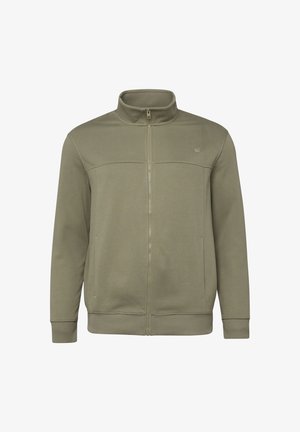 Kurtka na zamek w kolorze oliwkowej zieleni z wysokim kołnierzem, długimi rękawami i bocznymi kieszeniami, przedstawiona na białym tle.