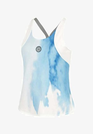 Blau-weißes Trägershirt mit einem Aquarellmuster, aus weichem Stoff gefertigt, mit Racerback-Design und grauen Akzenten.