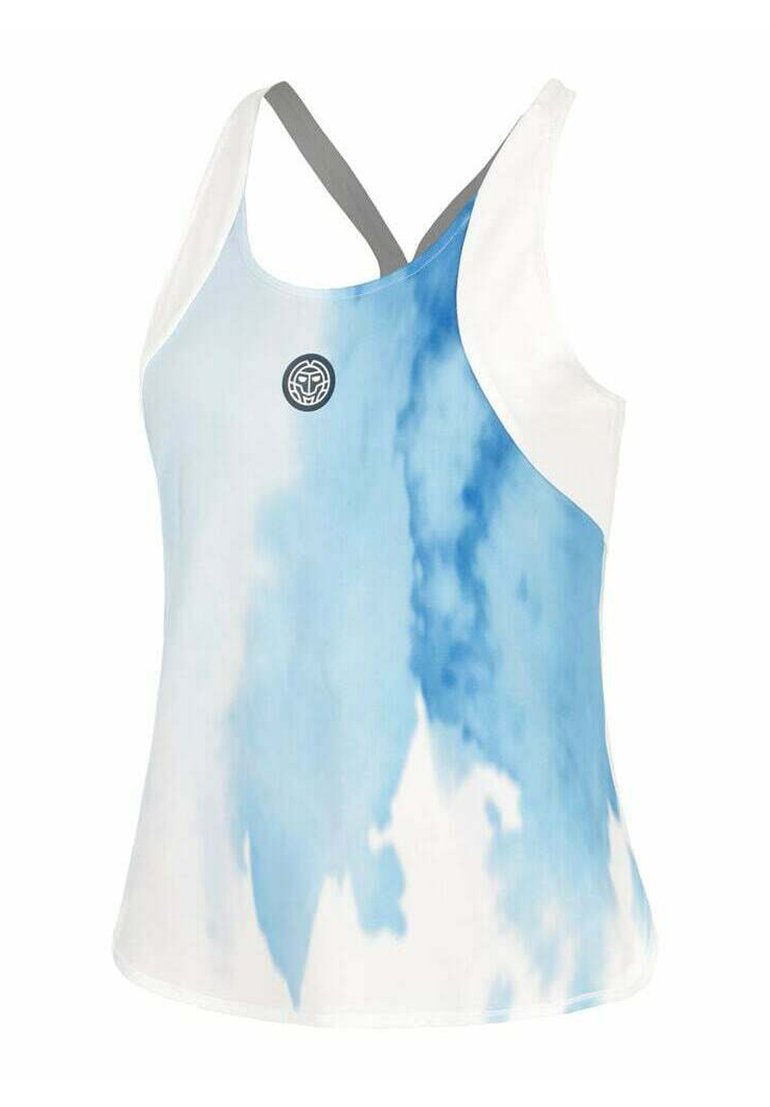 Top in cotone blu e bianco con motivo ad acquerello, realizzato in tessuto morbido con design a schiena scoperta e dettagli grigi.