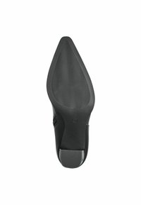Suela de zapato de cuero negro con diseño de punta afilada, banda de rodadura de goma texturizada, bordes lisos y una talla marcada '37' en la sección del tacón.