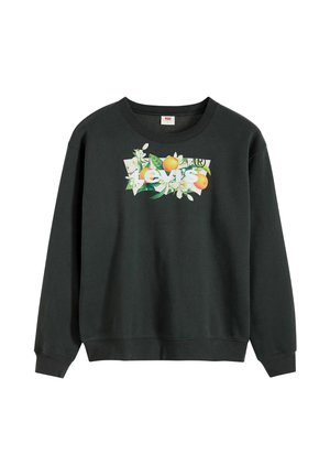 Sudadera negra con cuello redondo, con diseño de flores y frutas naranjas alrededor del logo blanco de Levi's en la parte frontal.