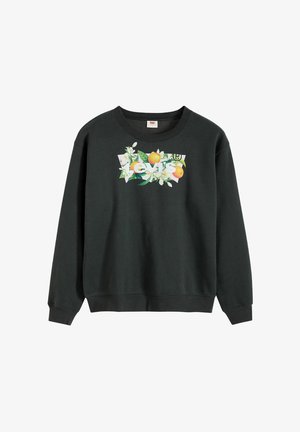 Sudadera negra con cuello redondo, con diseño de flores y frutas naranjas alrededor del logo blanco de Levi's en la parte frontal.