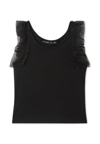 Top senza maniche nero con dettagli in tulle trasparente arricciato sulle spalle, caratterizzato da un colletto rotondo e un design aderente.