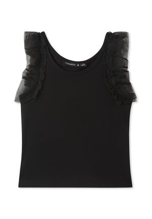 Top senza maniche nero con dettagli in tulle trasparente arricciato sulle spalle, caratterizzato da un colletto rotondo e un design aderente.