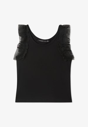 Top senza maniche nero con dettagli in tulle trasparente arricciato sulle spalle, caratterizzato da un colletto rotondo e un design aderente.