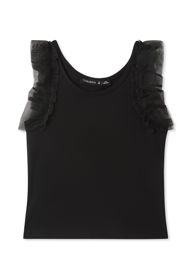 Top senza maniche nero con dettagli in tulle trasparente arricciato sulle spalle, caratterizzato da un colletto rotondo e un design aderente.