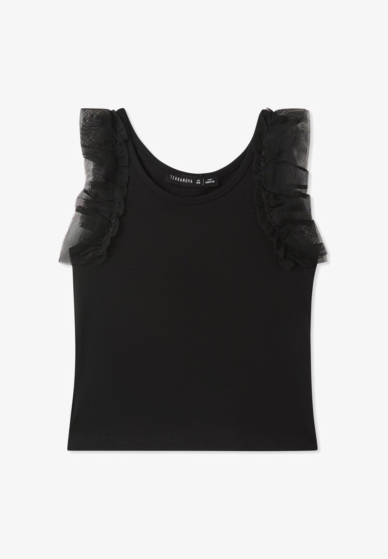 Top senza maniche nero con dettagli in tulle trasparente arricciato sulle spalle, caratterizzato da un colletto rotondo e un design aderente.