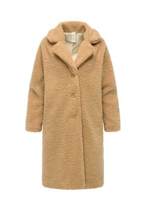 Beige teddy coat with a soft, textured exterior, large collar, and three button closure. Long sleeves and a straight cut design.