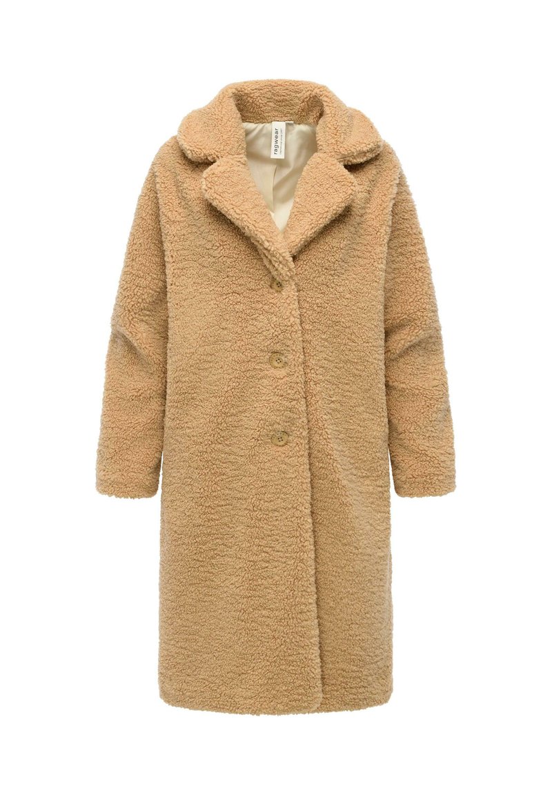 Cappotto teddy beige con un esterno morbido e testurizzato, colletto ampio e chiusura a tre bottoni. Maniche lunghe e design dritto.