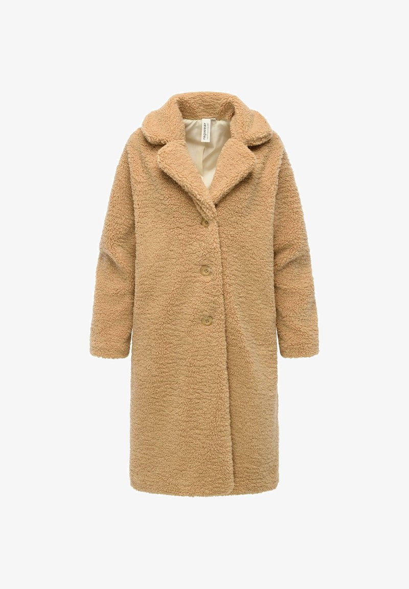 Beige teddyfrakk med en myk, teksturert overflate, stor krage og tre knappelukkinger. Lange ermer og rett snitt.