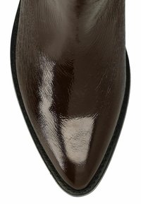 Botte en cuir brun poli avec un bout pointu et une texture lisse, présentant des coutures noires le long de la semelle.