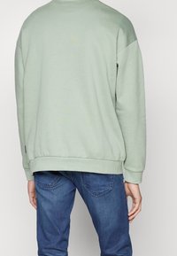 Ljust grön sweatshirt med avslappnad passform, ribbade manschetter och nederkant samt en slät textur, bärs tillsammans med blå denimjeans.