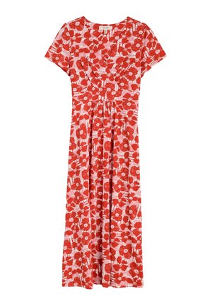 Robe florale rouge à manches courtes, dotée d'une taille froncée et d'une jupe hauteur genoux. Le motif comprend de grandes fleurs rouges sur un fond rose.