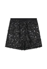 Zwarte pailletten shorts met een elastische tailleband, met een gestructureerd oppervlak van overlappende zwarte en zilveren pailletten.