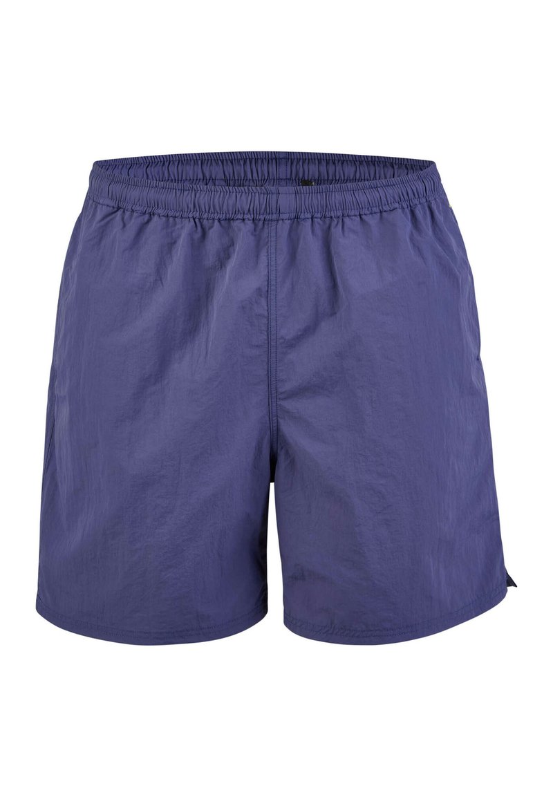 Purple swim shorts with an elastic waistband, made from lightweight fabric, featuring a smooth texture and relaxed fit.