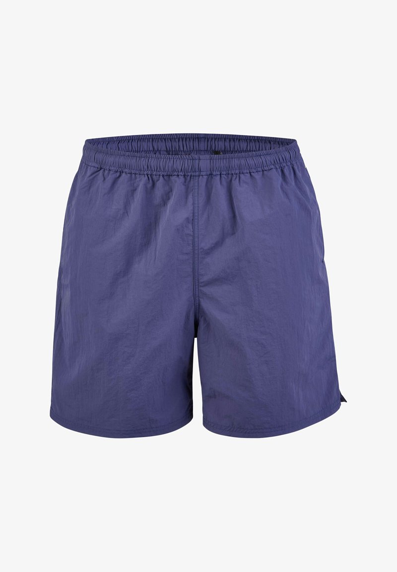 Purple swim shorts with an elastic waistband, made from lightweight fabric, featuring a smooth texture and relaxed fit.